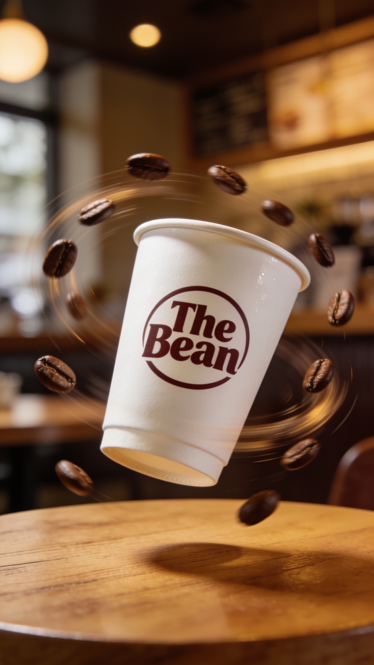 White paper cup with 'The Bean' logo on a wooden surface with coffee beans falling around it.