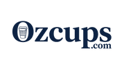 Ozcups.com logo in dark navy blue text with a small coffee cup icon inside the letter O, on a plain white background.